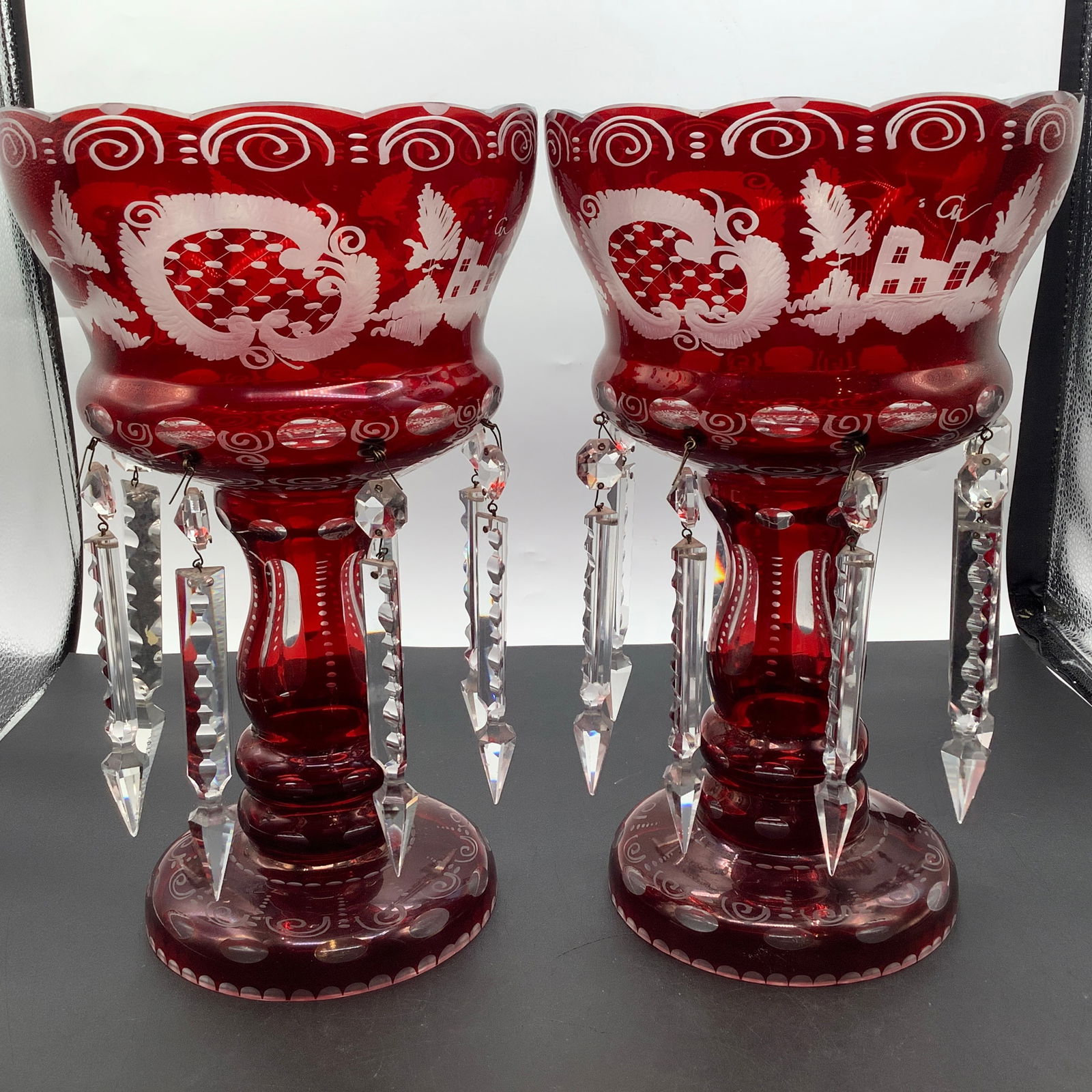 Pair of Bohemian Ruby Cut to Clear Mantle Lusters