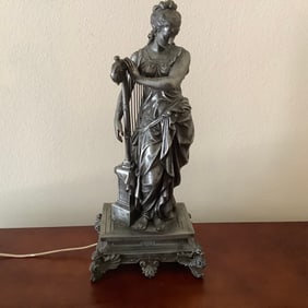 Figural Lamp with Woman Playing Harp on a Griffin Footed Pedestal Base