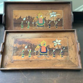 Rare Pair of Indian Mysore Trays with Marquetry and Inlaid Mother of Pearl, Gov't of Mysore Art
