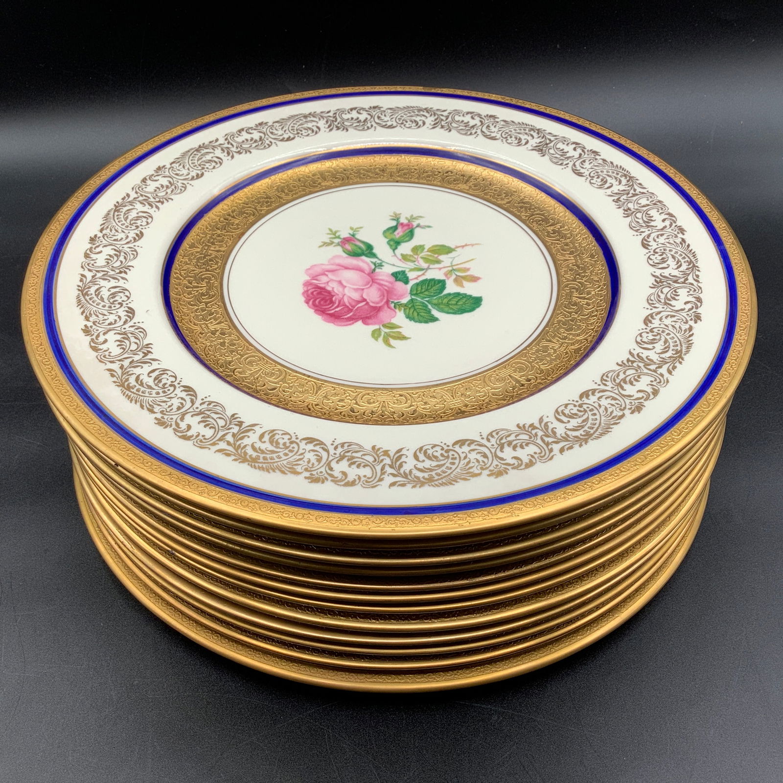 12 Bern Lan Fine China Gold Encrusted Plates with Pink Rose Center, Pattern BNL1: 12 Bern Lan Fine China, Pink Rose Center, BNLBNL1 Pattern Each plate 10.5 inch
