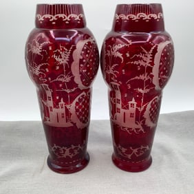 Pair of Bohemian Ruby Cut to Clear Matching Vases