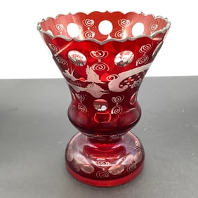 Large Bohemian Ruby Cut To Clear Vase with Scalloped Rim
