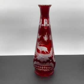 Bohemian Glass Ruby Red Cut To Clear Vase