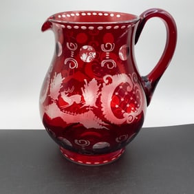 Large Bohemian Ruby Cut To Clear Water Pitcher