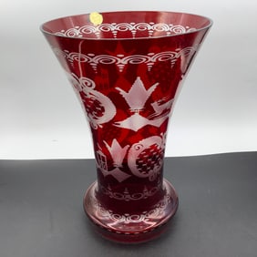 Large Bohemian Labeled Egermann Hand Made Cut To Clear Vase