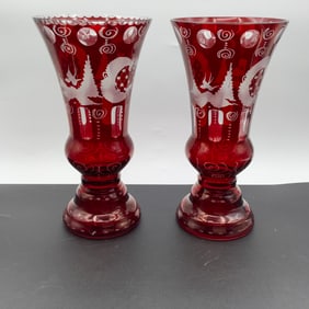 Pair of Large Bohemian Ruby Cut to Clear Vases