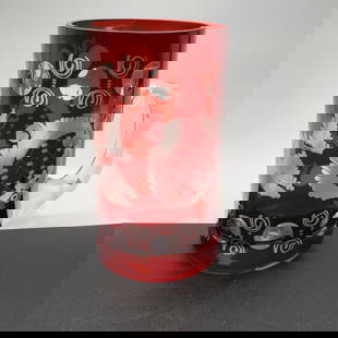 Bohemian Ruby Cut to Clear Mug: Clear handle, dots around top edge alternating with swirls along with traditional motifs