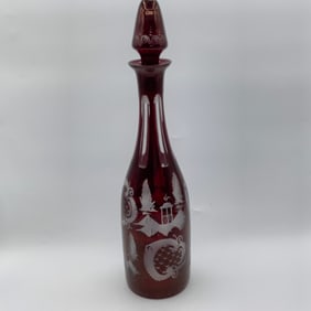 Ruby Red Bohemian Cut To Clear Decanter with Stopper