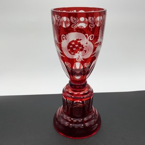 Ruby Red Bohemian Cut To Clear Pedestal Vase