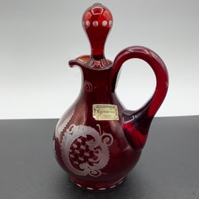 Ruby Red Bohemian Cut To Clear Egermann Cruet with Stopper