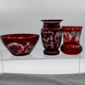 Bohemian Ruby Cut to Clear Small Vases and Small Bowl