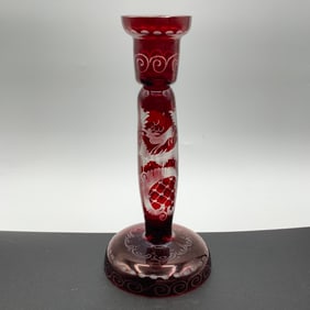 Ruby Red Bohemian Glass Cut to Clear Candlestick
