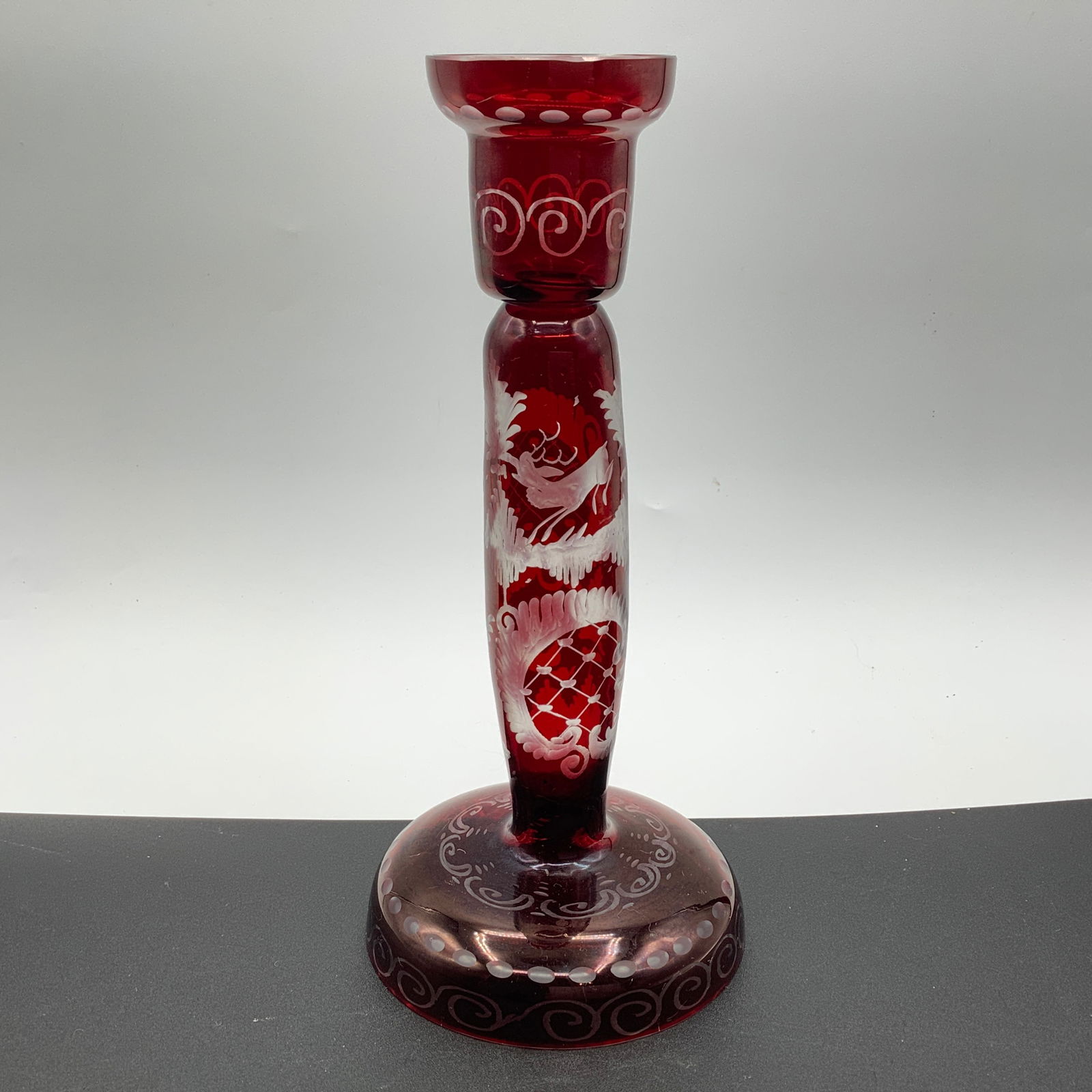 Ruby Red Bohemian Glass Cut to Clear Candlestick (1 of 12)