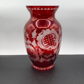 Large Bohemian Glass Ruby Cut To Clear Vase