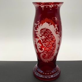 Bohemian Glass Ruby Red Cut To Clear Vase