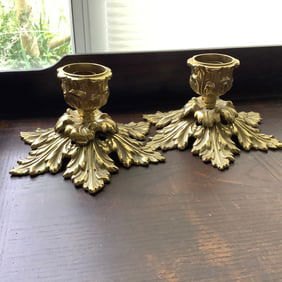 Pair of Leaf Design Harvin Brass Candlestick Holders, Ca 1940s