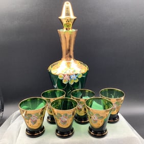 Bohemian Green and Gold Cordials and Decanter