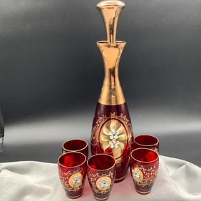 Bohemian Cranberry and Gold Cordials and Decanter