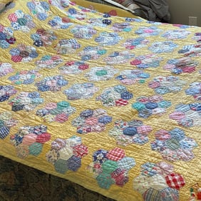 Handmade Quilt Yellow Background, Grandmother's Flower Garden Design