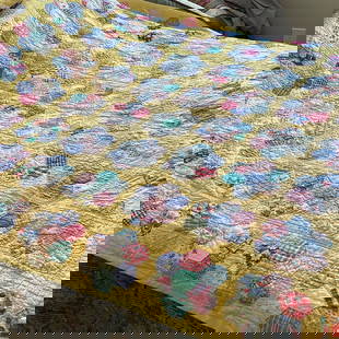 Handmade Quilt Yellow Background, Grandmother's Flower Garden Design: 60 inch x 72 inch. Two small stains only shown on back-front no stains noted. 1 very small tear