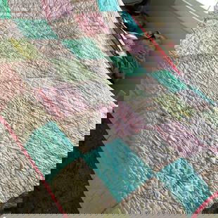 Handmade Block Quilt with Red Perimeter: Size 60 x 80, Light stain on back and 2 small tears