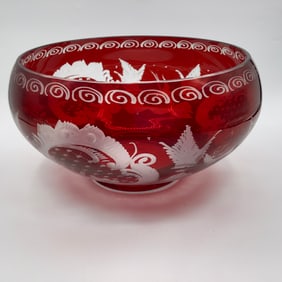 Large Ruby Red Bohemian Cut To Clear Glass Bowl