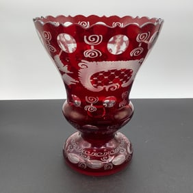 Ruby Red Cut to Clear Bohemian Glass Vase with Scalloped Top