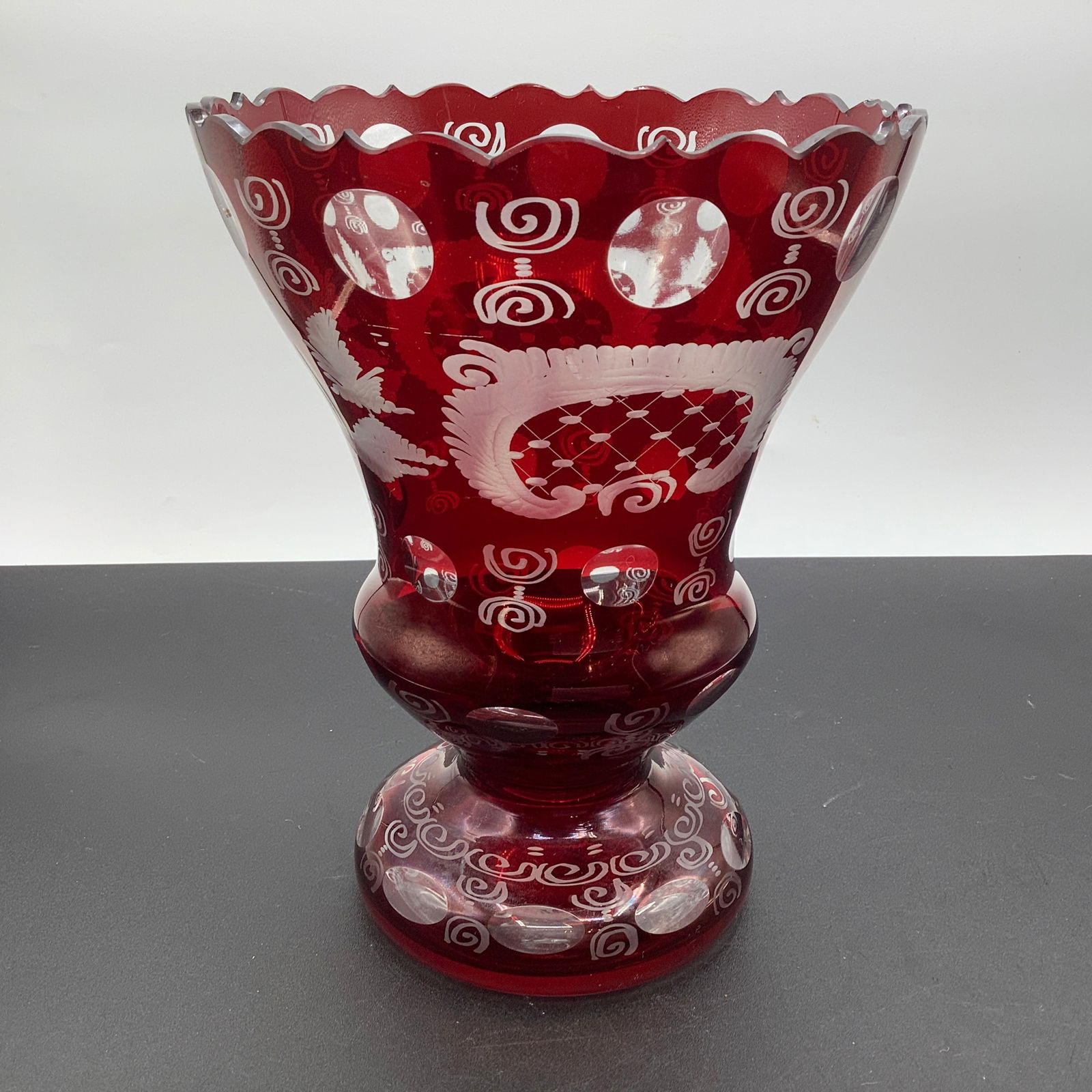 Ruby Red Cut to Clear Bohemian Glass Vase with Scalloped Top (1 of 12)