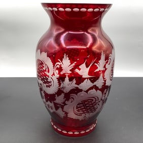 Large Bohemian Ruby Cut to Clear Vase