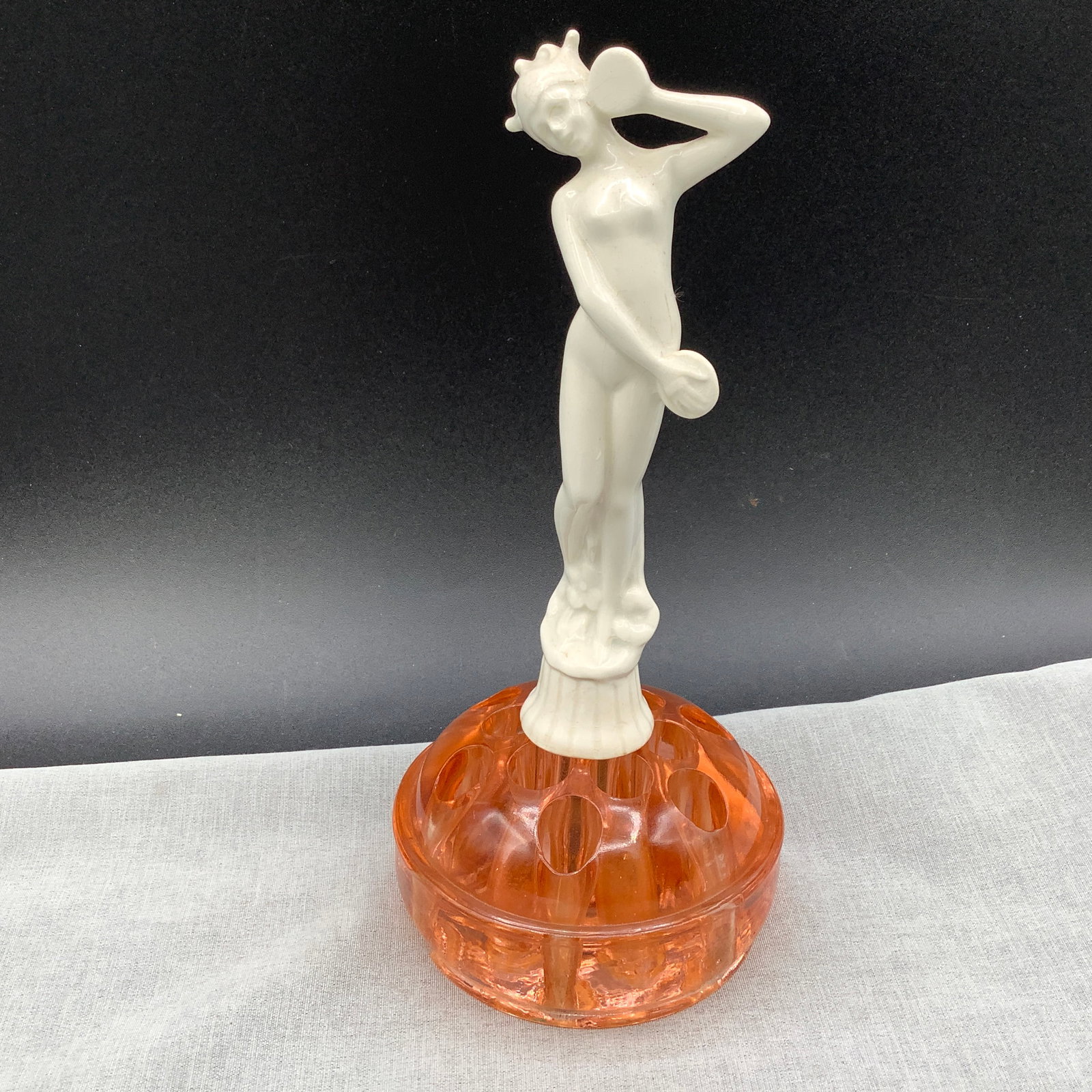 Rare 1920s Art Deco Flapper Flower Frog: Orange/coral glass flower frog with white milk glass art deco flapper