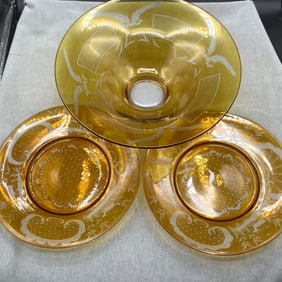 Bohemian Amber Cut to Clear Large Bowl with 3 Dinner Plates
