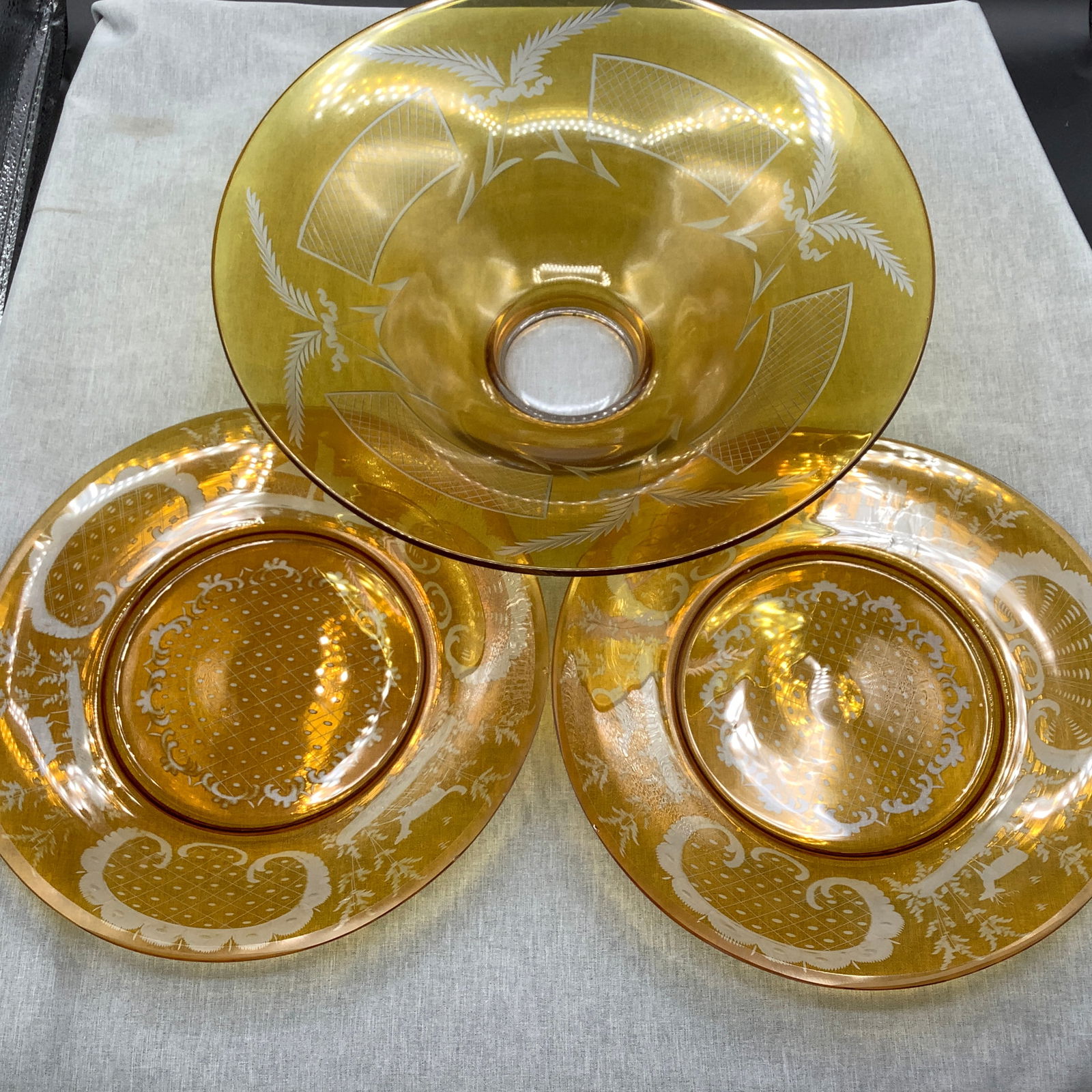 Bohemian Amber Cut to Clear Large Bowl with 3 Dinner Plates (1 of 10)