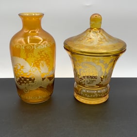 Amber Bohemian Cut to Clear Vase and Candy Dish