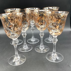 Set of 7 Tiffin Signed Water Goblet Glasses with Gold Etched Flowers