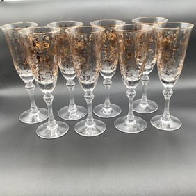 Set of 8 Tiffin Signed Champagne Glasses with Gold Etched Flowers