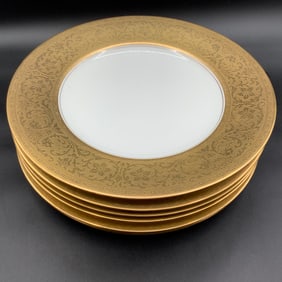 6 Antique Plates by Royal Bavarian Hutschenreuther Selb with Wide Gold Encrusted by Pickard