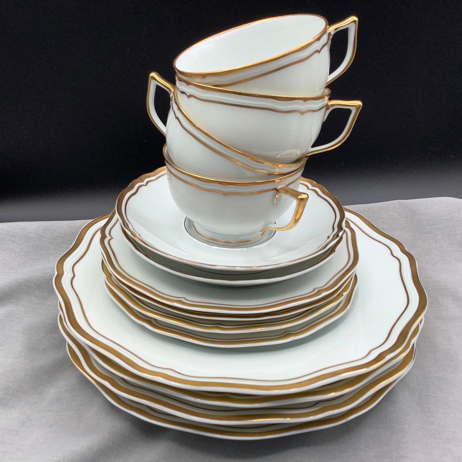 Limoges France, A Raynaud Ceralene White with Gold China: Marie Antoinette 4 Dinner Plates, 4 bread plates, 4 cups and 2 saucers