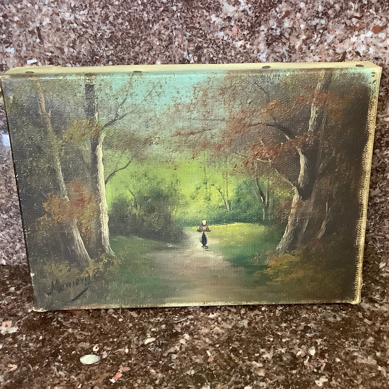 Petite Signed Woodland Painting on Canvas: Artist's canvas mounted on wood planks using nails Nailed string on the planks for hanging Signed lower left