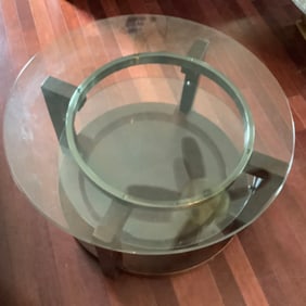 Circular Design Glass Top Coffee Table with Floating Glass Shelf and Wood Base