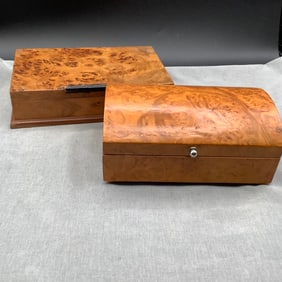 Pair of Burl Veneer Lidded Boxes, One with Domed Lid