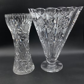 2 Large Brilliant Cut Crystal Vases, One Trumpet Vase, One Fan Vase