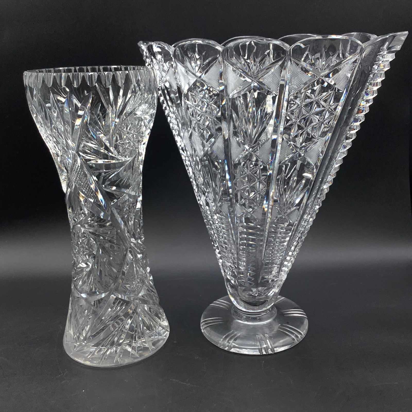 2 Large Brilliant Cut Crystal Vases, One Trumpet Vase, One Fan Vase (1 of 18)