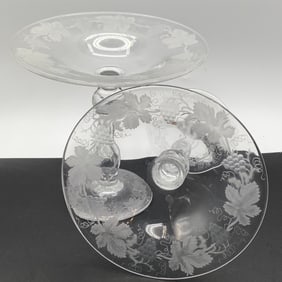 Etched Grape Leaf Pattern Glass Compotes, Pair