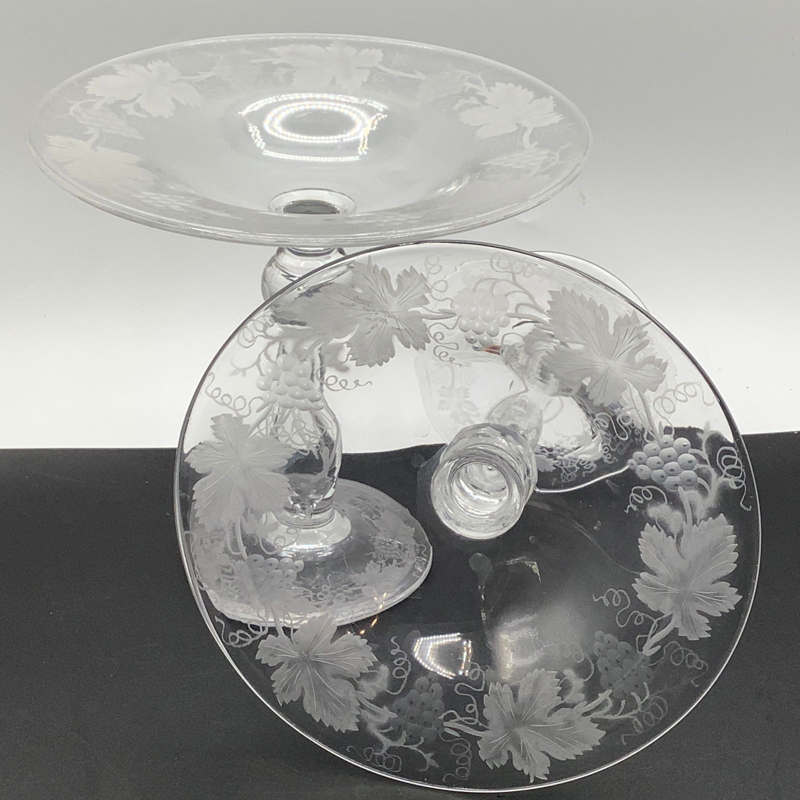 Etched Grape Leaf Pattern Glass Compotes, Pair (1 of 11)