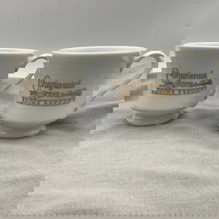 Pair of Continental Acres Equine Resort Coffee Cups: White with gold, made by Woodmere, New Castle, PA