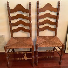 Pair of Antique Old Hickory American Chairs with Rush Seats, Turned Legs, Ladder Backs