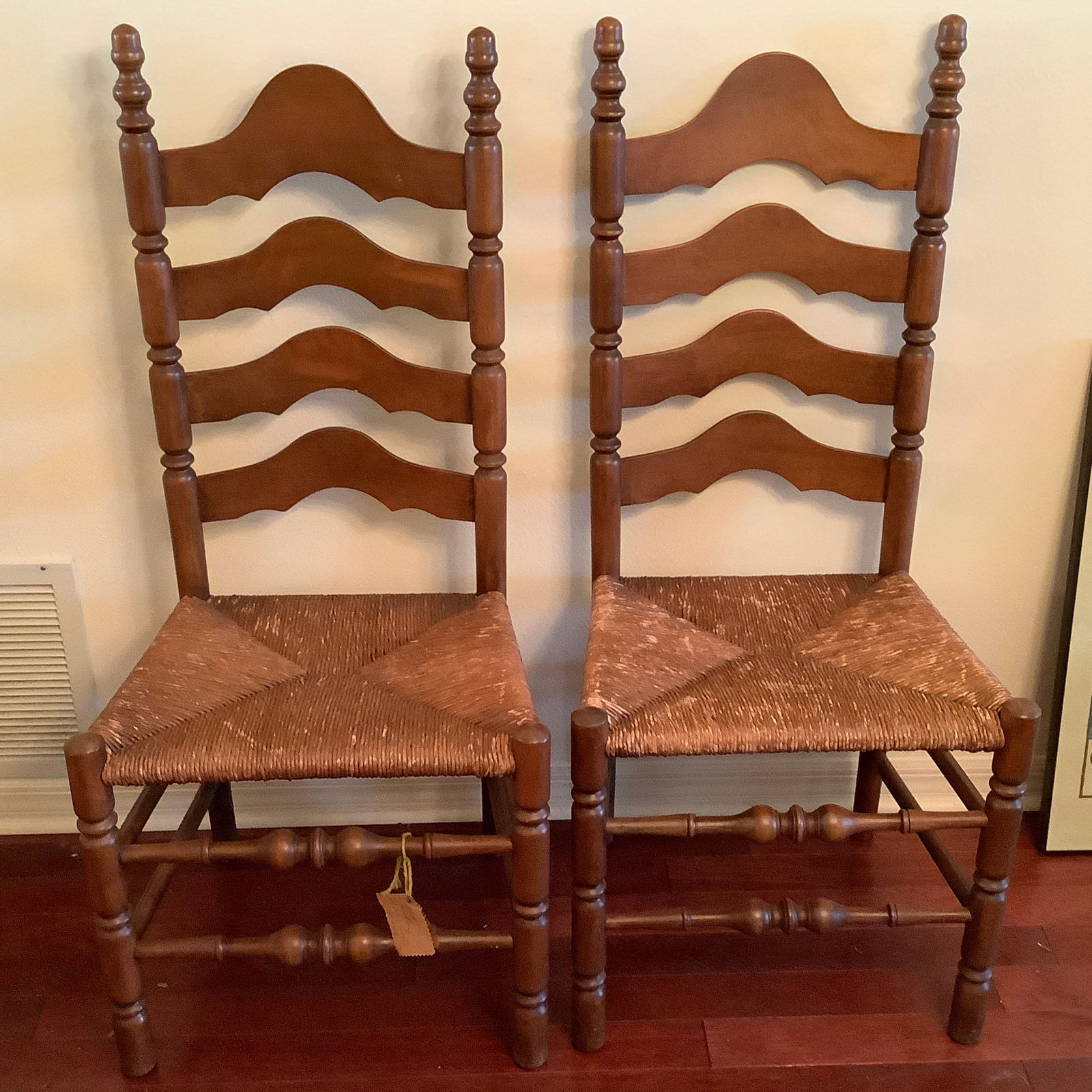 Pair of Antique Old Hickory American Chairs with Rush Seats, Turned Legs, Ladder Backs (1 of 9)