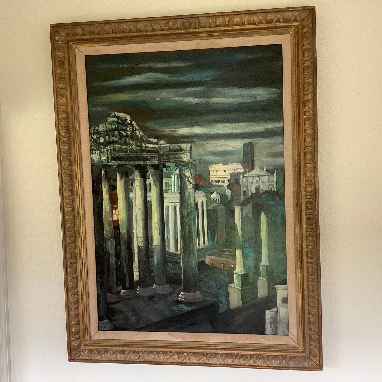 Moody, Dark Picture of Ruins Among Buildings: Signed Travis lower left Some staining on fabric matting