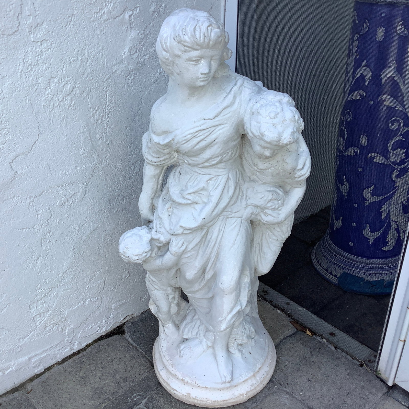 Concrete Garden Statue of Mother with Children: White with no visible damage