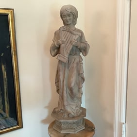 Lightweight Synthetic Statue of Girl with Harp on Octagonal Base